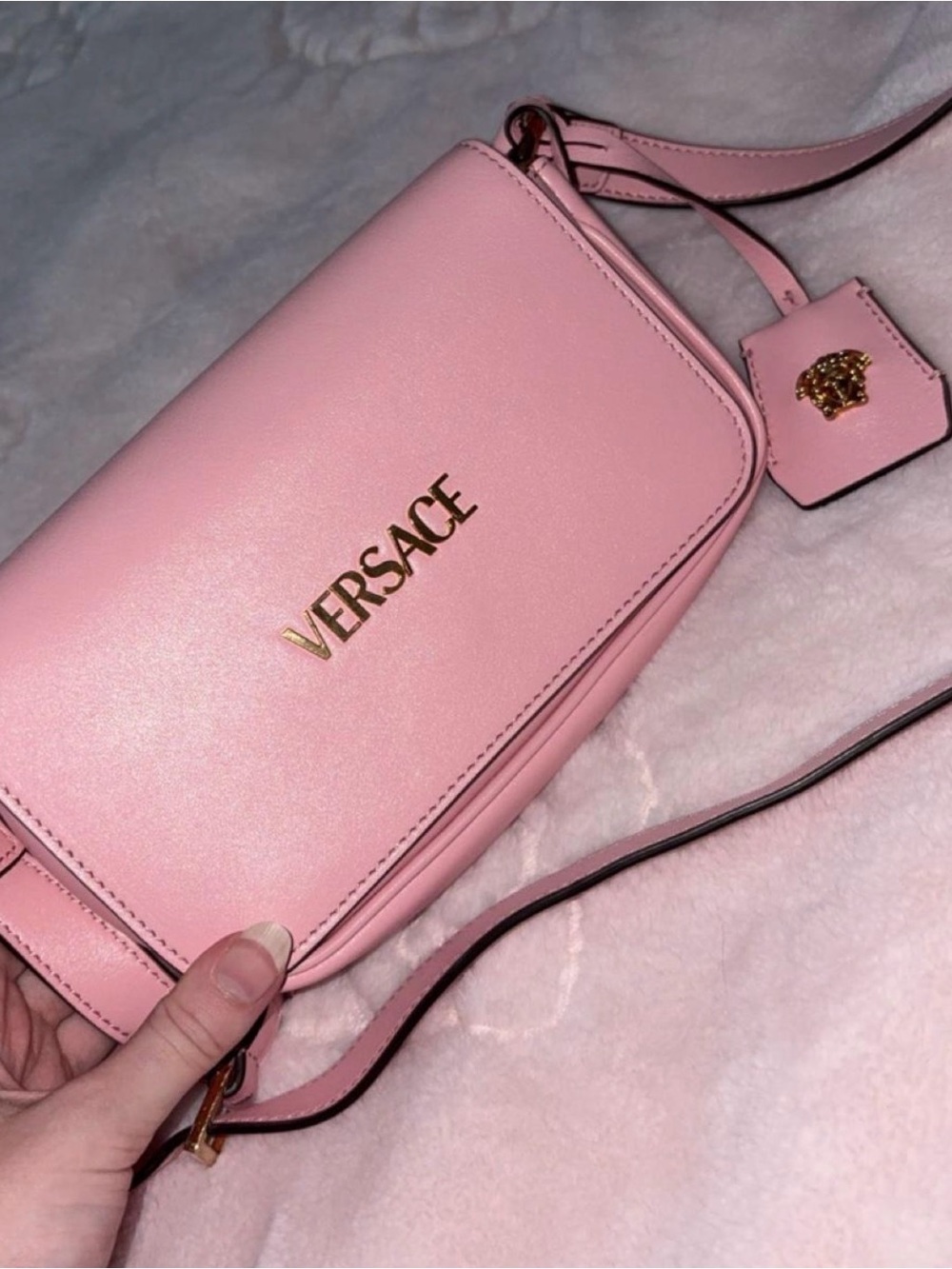 Versace Pink Leather Crossbody with Gold Medusa Accent